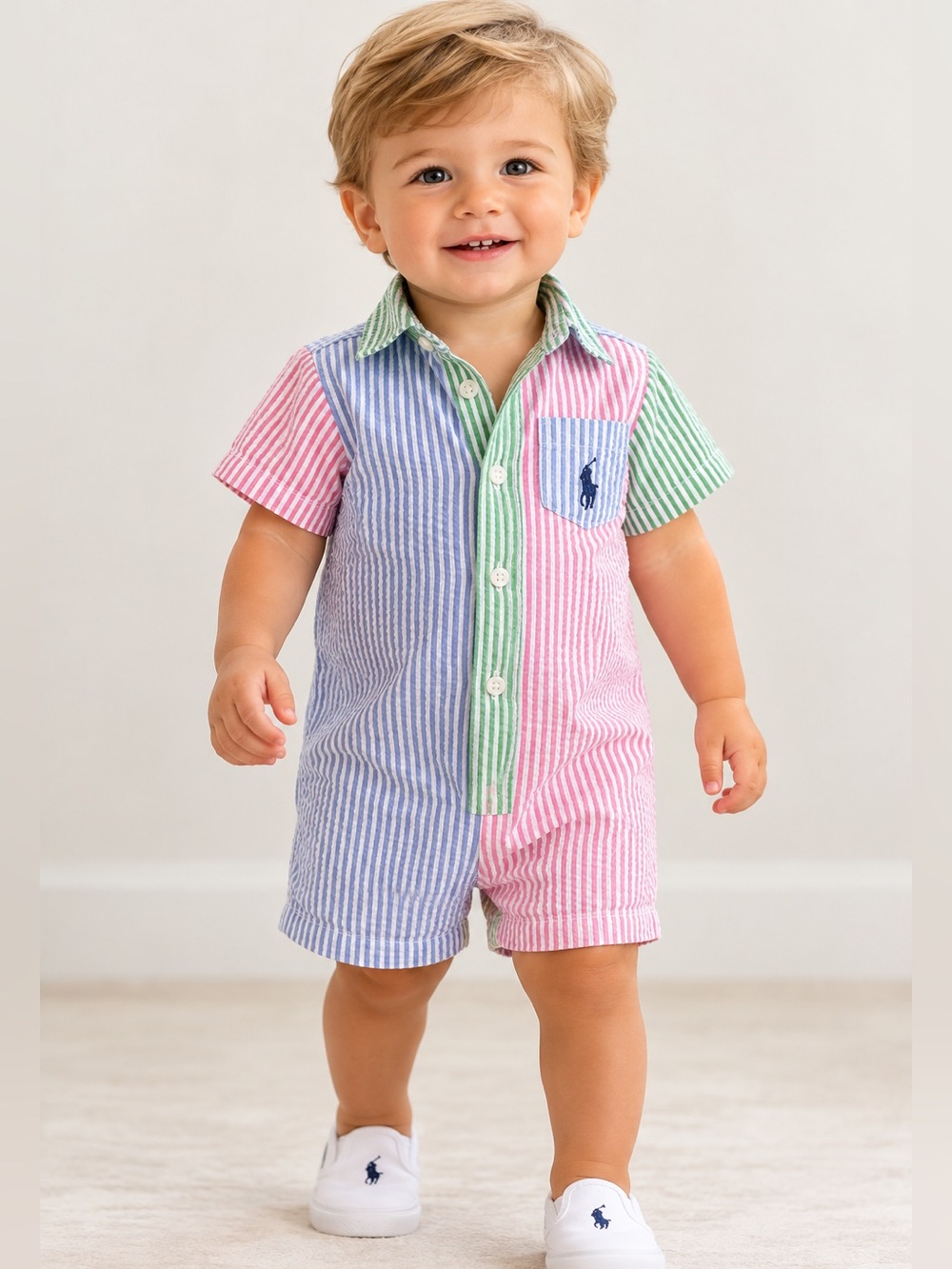 Ralph Lauren Baby Boy 18M Patchwork Seersucker Romper Polo One Piece